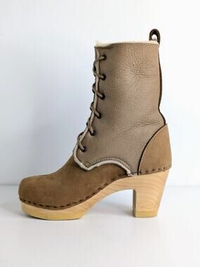 No. 6 Clog Boots Fox Lace High Heel 36 Tan Cognac Suede Shearling Lined NYC 6.5